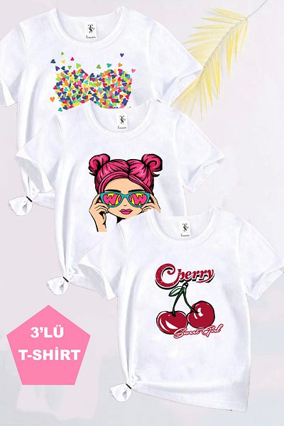 twins tailors Pachet de 3 tricouri albe pentru fete cu imprimeu Cherry