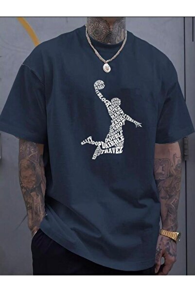 NO 601 Tricou cu imprimeu supradimensionat pentru bărbați, albastru bleumarin...