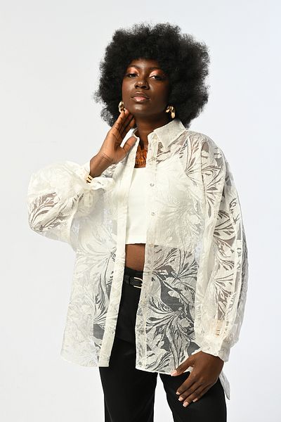 Orfeo Negro Women's Ecru Color Transparent Oversize Cut Shirt