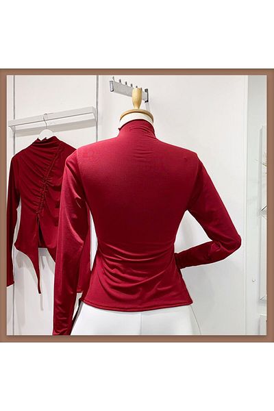 Faya Boutique Gathered Burgundy Blouse with Asymmetrical Cut