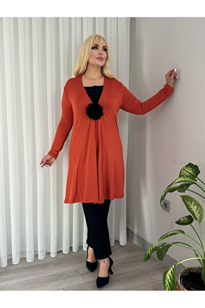 LİKRA Women's Large Size Asymmetric Cut Flexible Cardigan (Accessory Not Included)