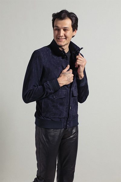 Deriderim Navy Blue Knox Men's Buttoned Lined Waist and Sleeve Knitwear College Genuine Suede Coat