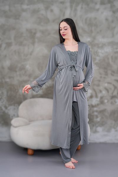 LOHOUSE Women's Smoked Lace Cotton Maternity Pajama Set of 3 with Dressing Gown