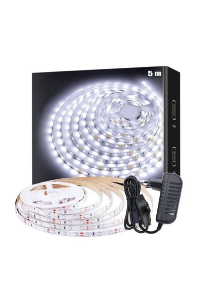 burul Sb-6501 5 Metre Şerit Led Işık Beyaz Aç Kapa Anahtarlı Adaptörlü Tak Ça...
