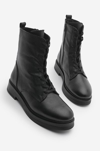 Marjin Damen-Stiefel aus echtem Leder, Schnürung, Reißverschluss, Spitze, Schwarz
