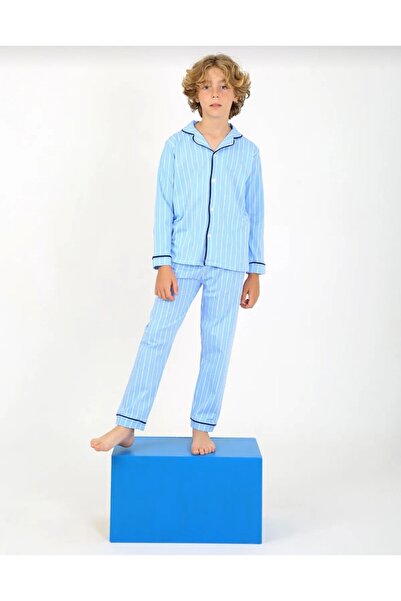 Elidabutik Mavi çizgili %100 pamuklu düğmeli erkek çocuk pijama takımı