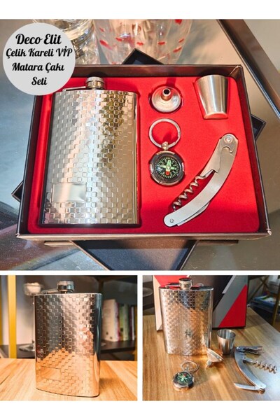 Deco Elit Çelik Matara Konyak Hediye Seti Kabartma Kareli Vip Çok Amaçlı Çakı...