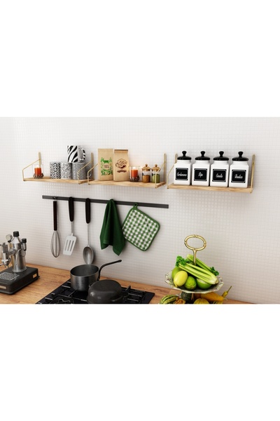 Vivense BİNO MASİF AĞAÇ PASLANMAZ DEKORATİF MUTFAK BANYO RAFI, ÜÇLÜ SET, GOLD