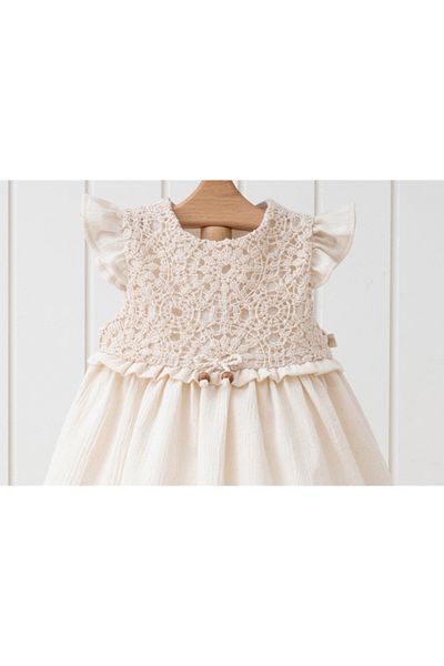 Mymio Girl's Lace Detailed Dress - Lace Detailed Length Lined Short Sleeve Dress