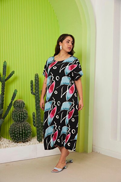 RMG Desenli Büyük Beden Günlük Fuşya Elbise