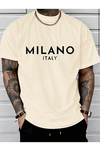 NO 601 Ανδρικό μπλουζάκι Milano Italian printed oversize σε μπεζ χρώμα