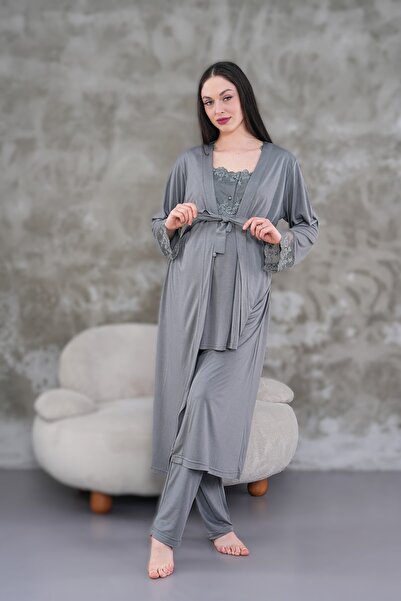 LOHOUSE Women's Smoked Lace Cotton Maternity Pajama Set of 3 with Dressing Gown