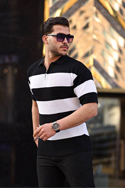 ROBERTO BORNOVA Μαύρο μπλουζάκι πλεκτό με μισό φερμουάρ Polo γιακά