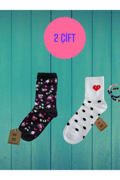 ENEFENDİ 2 Pairs Black(Unseam) White(Unseam) Women's Socks Polka Dot Heart College Cotton Silvery Socks 36-40