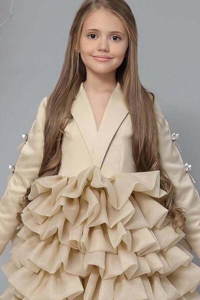 Riccotarz Girl's V-Neck Cut Sleeves Ribbon Detailed Layered Fabric Puffy Beige Evening Dress