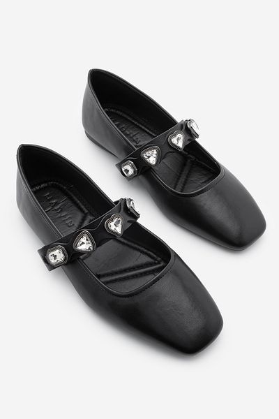 Marjin Schwarze Ballerinas für Damen – Elora mit stumpfer Zehenpartie und Steindetail
