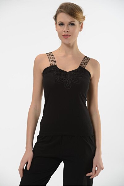 Hmd 2444 Бавовняна мереживна майка на бретельках для жінок - чорна
