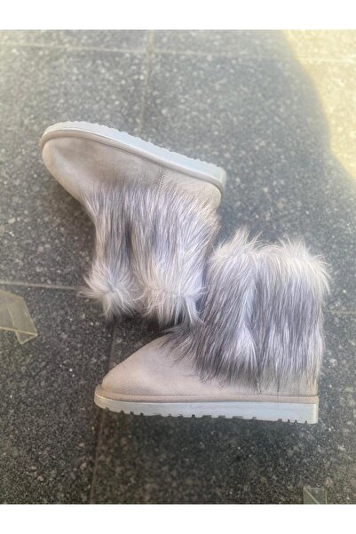 Metin Ayakkabı gri dış meteryal polar  kürk aksesuarlı kadın bot