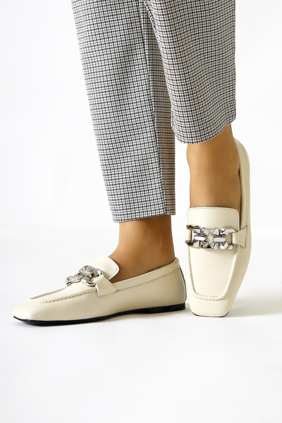 Limoya Asmin Genuine Leather Beige Buckle Detailed Blunt Toe Casual Women's Shoes