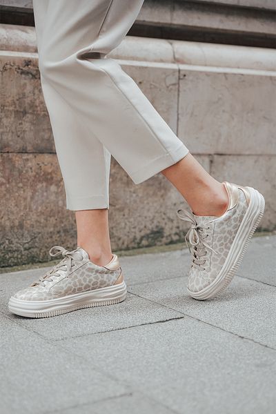 Marjin Damen Sneakers Dicke Sohle Schnürschuhe Sportschuhe Tales Beige Leopard