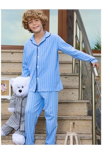 Elidabutik Set de pijamale pentru băiat, 100% bumbac, cu dungi albastre
