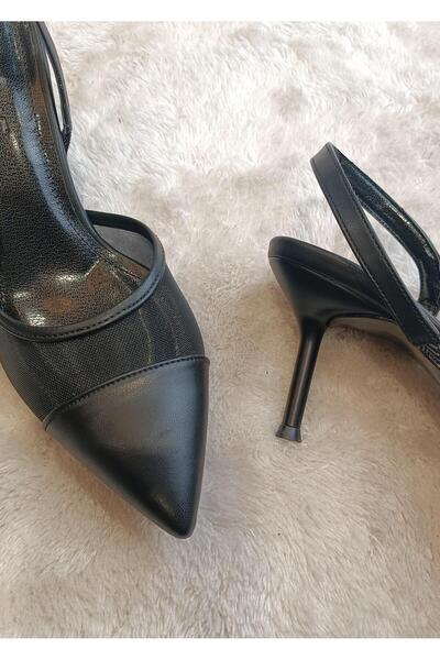 RUXENE BLİSS MAT DERİ SİVRİ BURUN TOPUK DEKOLTELİ FİLE DETAY 7 CM İNCE TOPUKL...