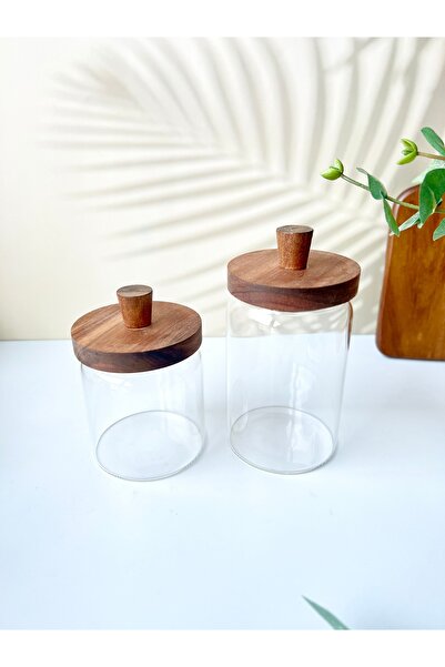 Mottogo Set of 2 Acacia Vacuum Lid Glass Jars (700ml & 450ml)