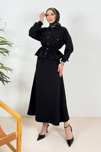 Bestenur Σετ μαύρο πουκάμισο και φούστα με κορδόνια - 1356