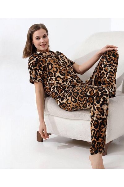 Prestij İç Giyim Women's Leopard Print Cotton Front Button Shirt Collar Short Sleeve Pajama Set