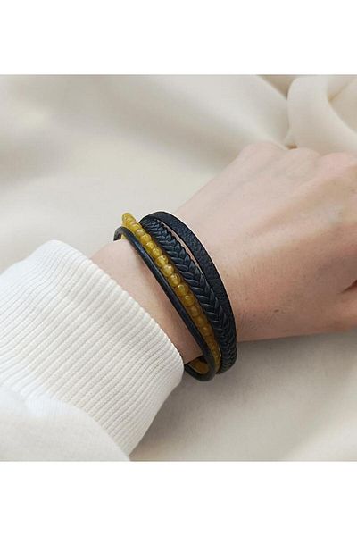 Hd Marketim Unisex Leather Bracelet - Yellow Ceyt Stone - Braided Multibracelet