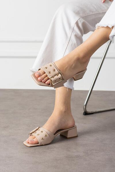 diclepolat Beige Women's Slippers - Low Chunky Heel, Single Strap, Best 4cm Casual Design