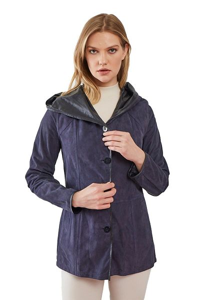 Deriderim Navy Blue Jena Women's Fixed Hooded Buttoned Unlined Leather Inside Double Sided Genuine Suede Coat