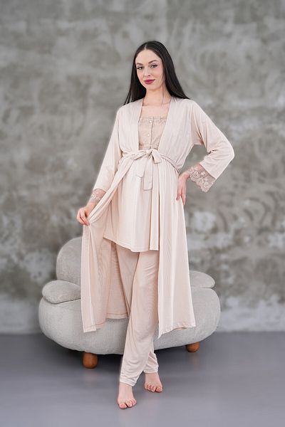 LOHOUSE Women's Mink Lace Cotton Maternity Pajama Set of 3 with Dressing Gown