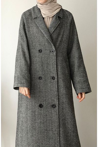 suhneva Herringbone Pattern Cashew Coat - Black