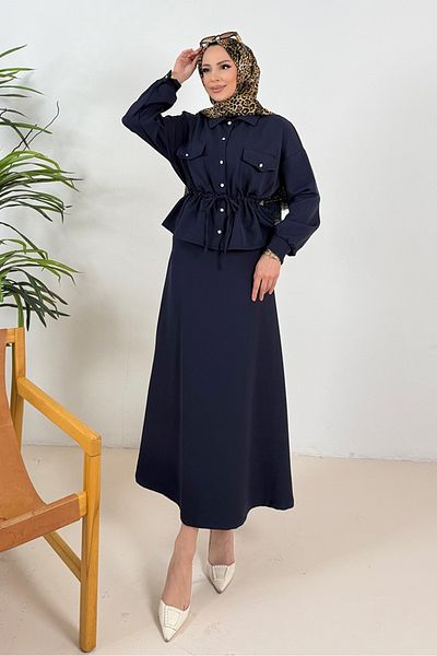Bestenur Navy Blue Gathered Shirt and Skirt Set - 1356