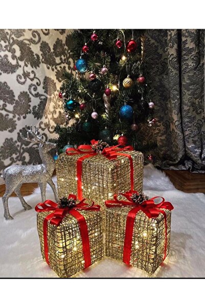 Genel Markalar Dekoratif Yılbaşı Ağacı Altı Led Işıklı Hediye Kutu Seti (NOEL SÜSÜ) Kırmızı Kurdele