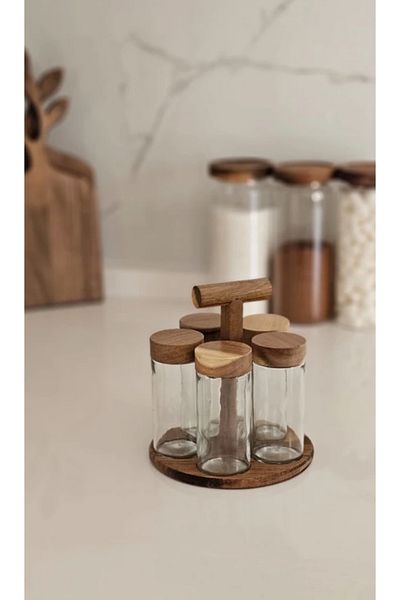 vanilinkitchen Mine 5 Pcs Acacia Stand Spice Rack Glass Spice Rack Set with Acacia Lid