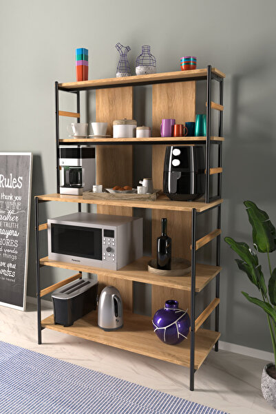 VİLİNZE Rafito Metal & Ahşap Bohem 5 Raflı Mdf Çok Amaçlı Kahve Köşesi Mutfak...