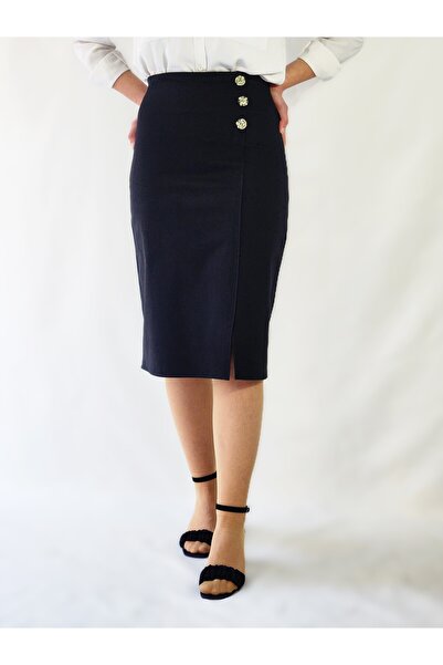 YAXİ FUSTA NEGRA ȚESUTĂ MIDI CU SLIT CU BUTON