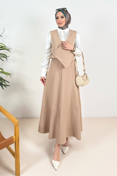 Bestenur Leris Vest Skirt Double Set 1346 - Stone