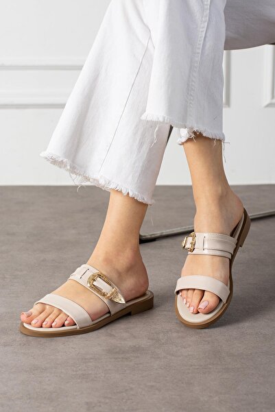 diclepolat Beige Women's Slippers - Casual Shoes with Double Bands and Buckles