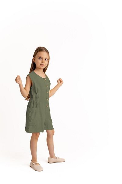 Oliven The Kid Short Length Linen Jumpsuit with Side Pockets Khaki