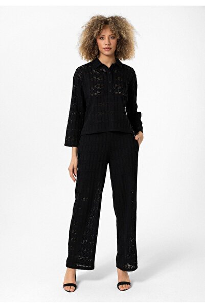 Williot Josephine Black Oversize-regular Bumbac ajurat cu mânecă lungă cu guler polo Cămașă pentru femei Pantaloni