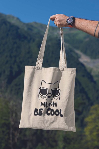 qoeuyl boutique Meow Be Cool Cute Fun Cat Printed 100% Cotton Raw Cloth Beige Bag