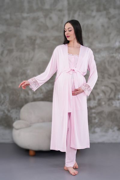 LOHOUSE Women's Powder Lace Cotton Maternity Dressing Gown 3-Piece Pajama Set