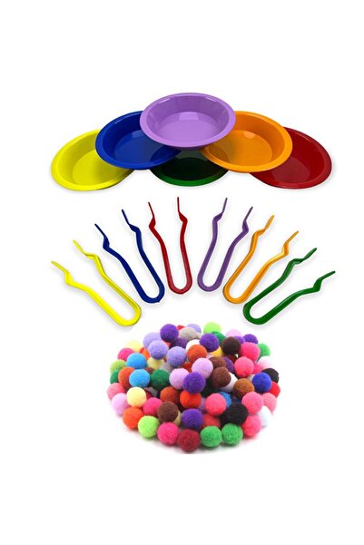 MİR Aktarma Seti ( 6 Adet Kase 6 Adet Cımbız) 100 Adet Renkli Ponpon Renk Sıralama Koordinasyon