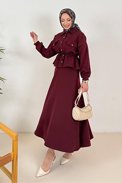 Bestenur Burgundy Shirt and Skirt Set - 1356 Drawstring Set of Two