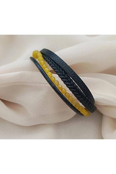 Hd Marketim Unisex Leather Bracelet - Yellow Ceyt Stone - Braided Multibracelet
