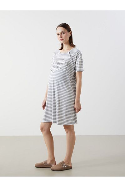LC Waikiki Lcw Dream Gray Crew Neck Striped Maternity Nightgown
