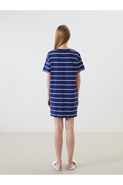 LC Waikiki LCW DREAM Lacivert Bisiklet Yaka Çizgili Kadın Gecelik